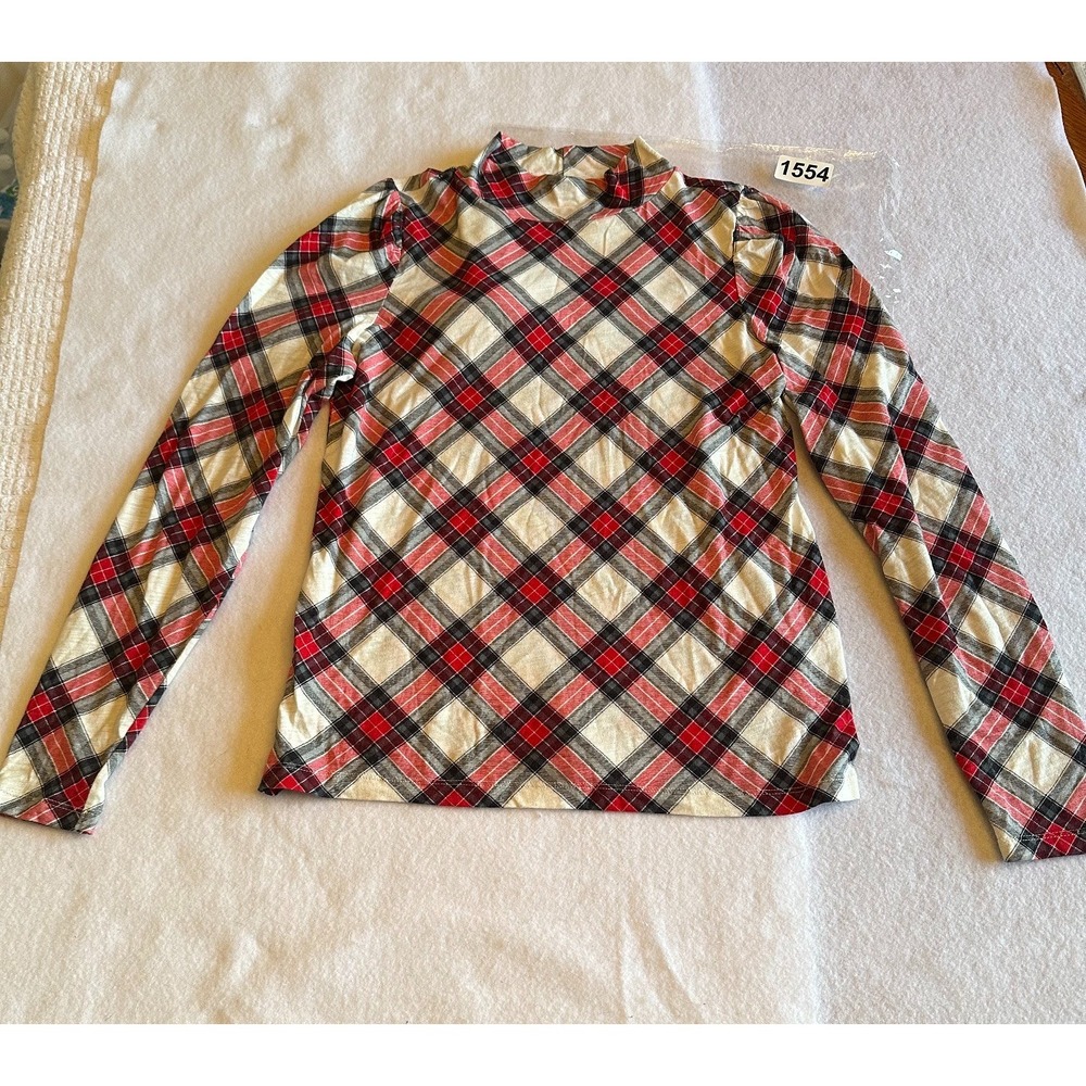 LOFT Womens Top Small S Red Black Plaid Mock Neck Long Sleeve Preppy Stretch